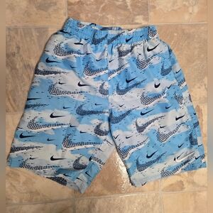 Nike Light Blue & Navy Swoosh Print Kids Swim Trunks